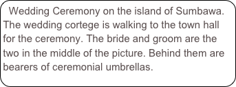 Wedding Ceremony on the island of Sumbawa. The wedding cortege is walking to the town hall for the ceremony. The bride and groom are the two in the middle of the picture. Behind them are bearers of ceremonial umbrellas.
