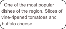 One of the most popular dishes of the region. Slices of vine-ripened tomatoes and buffalo cheese.